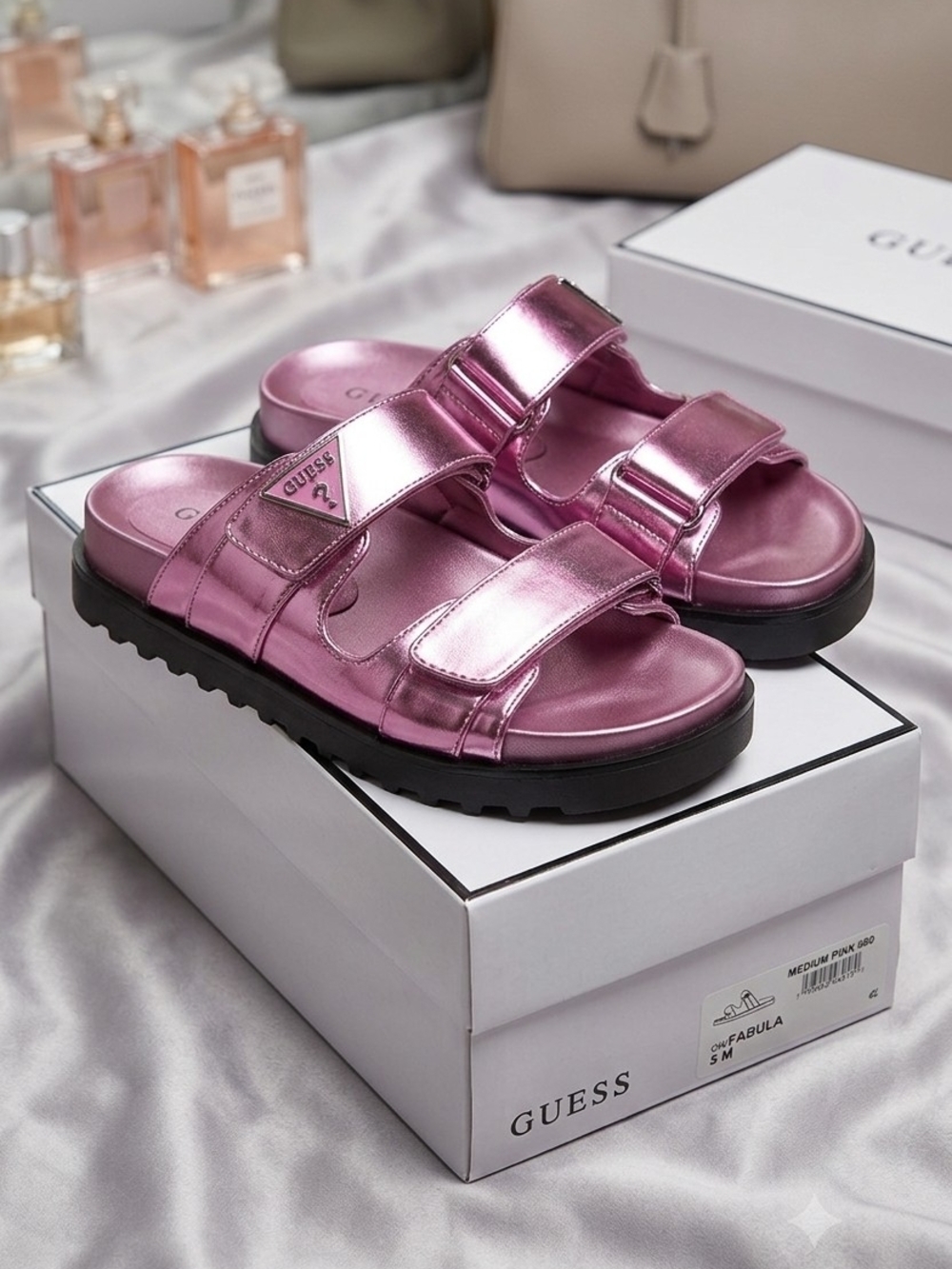 GUESS Metallic Pink Double-Strap Slide Sandals with Black Sole
